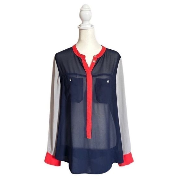 Sanctuary Navy Orange & Cream Sheer Collarless Button Down Blouse Size Medium - Picture 1 of 11